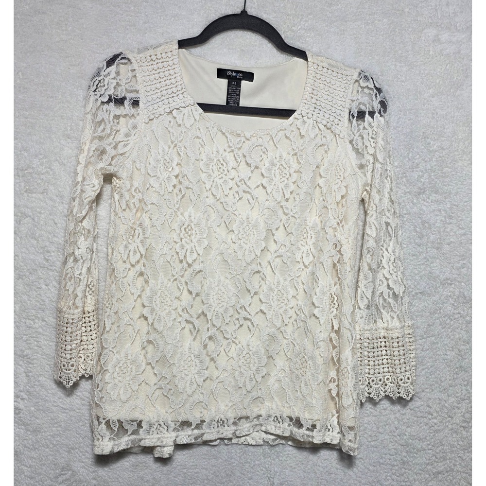 Style & Co Petite Cream Floral Lace Bell Sleeve Blouse Top PS Crochet Trim